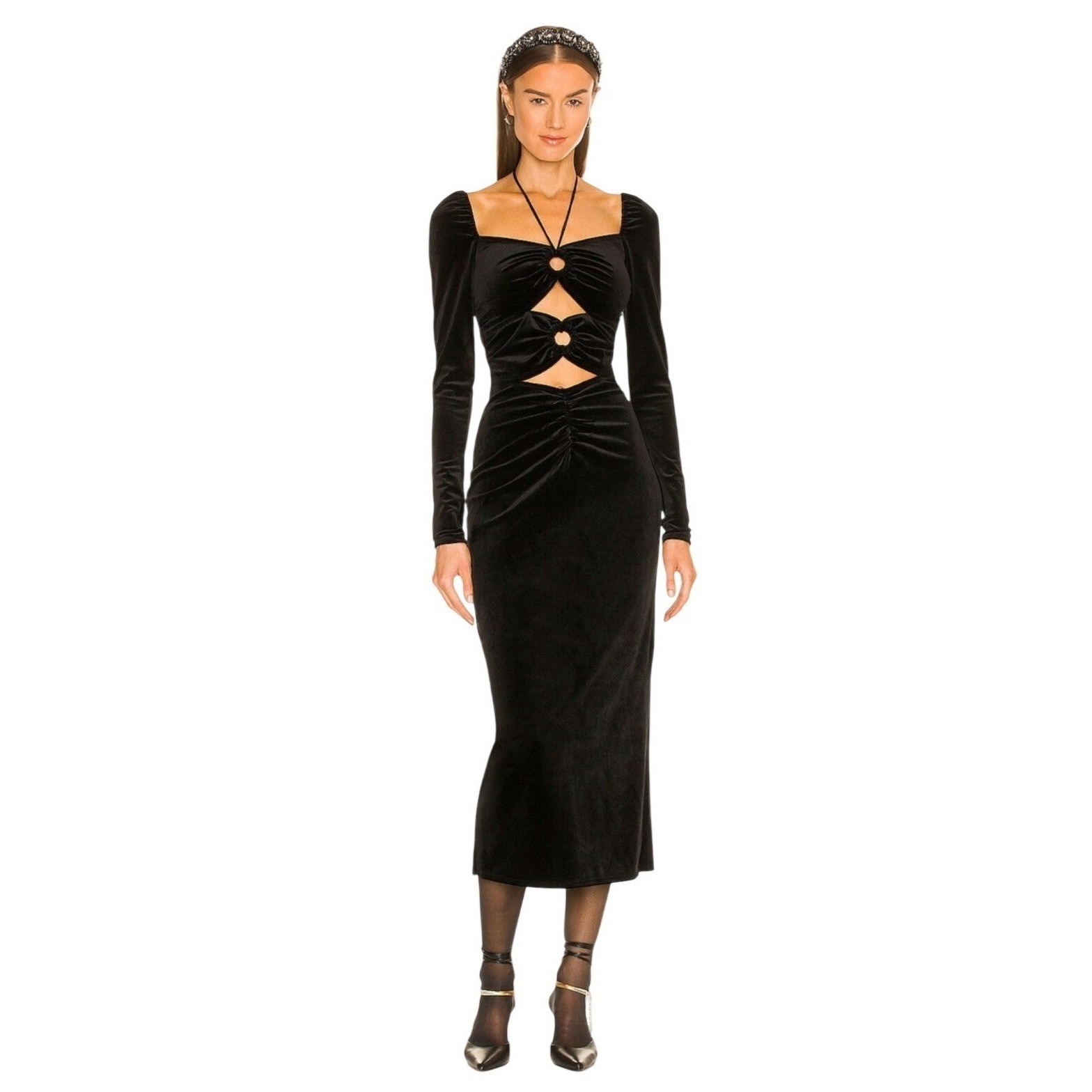 Rony Kobo Nwot Szsm Black Velvet Square Neck Cutout Ruche Long Sleeve Midi Dress
